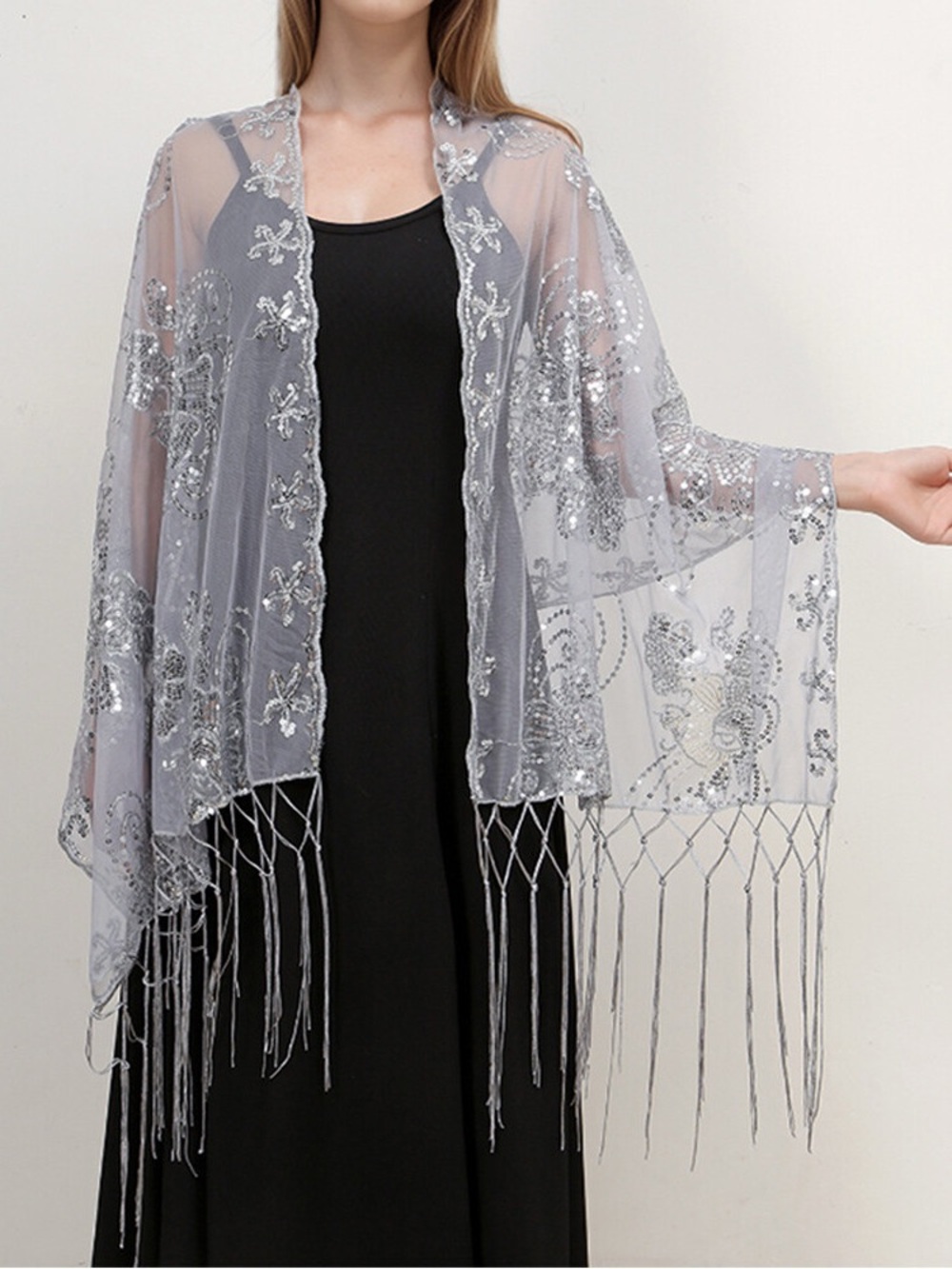 Silver Sequin Floral Fringe Scarf